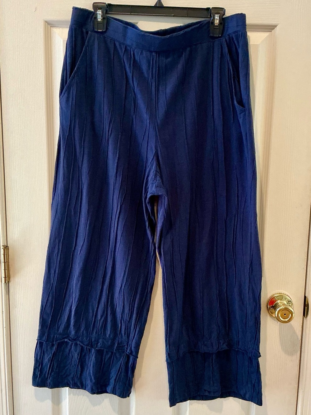 Habitat Breezy Wide Leg Navy Blue Crinkle Capri Pant Lagenlook Relaxed SZ Large